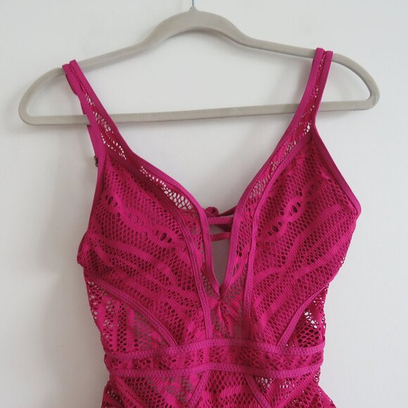 BECCA Purple Color Play Crochet Plunge One-Piece Swimsuit Magenta - Size XS - Picture 3 of 13
